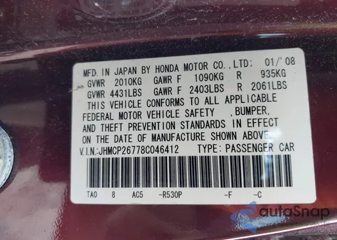 2008 Honda Accord 2.4 Ex z USA, uszkodzony, nr VIN JHMCP26778C046412